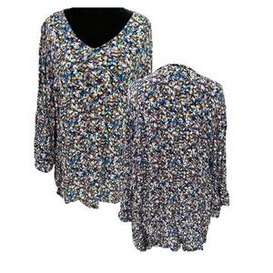 J Jill Blouse Shirred‎ Navy Floral Print Elliptical Hem Embroidered Boho Top LP